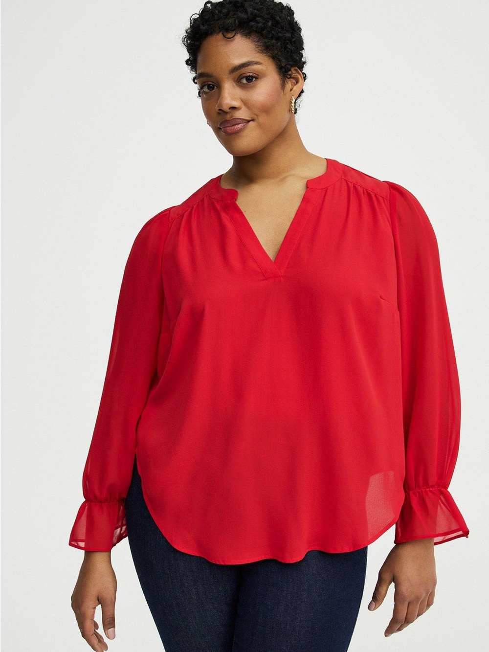 Torrid Georgette Harper Chiffon Long-Sleeve  Top. Red v-neck, size 5x. NWT